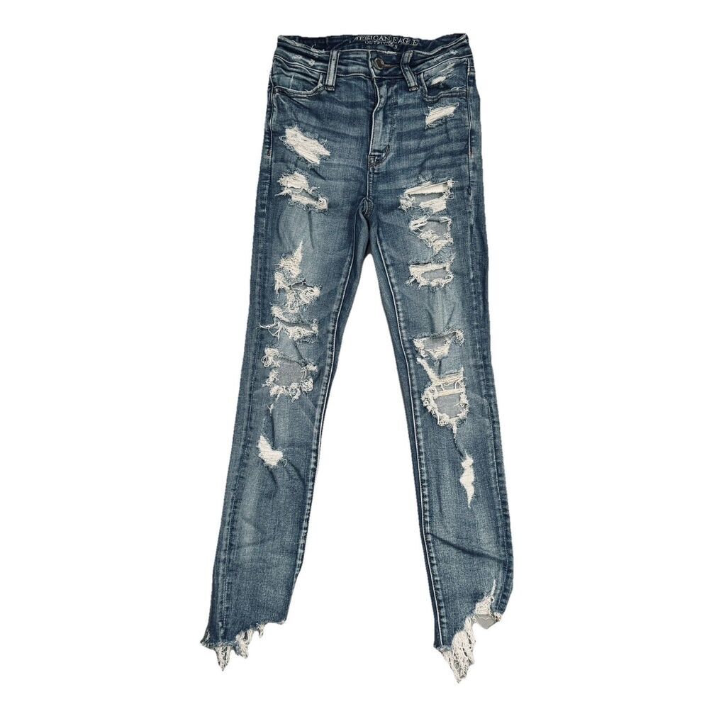 American Eagle Hi Rise Jegging Womens 0 Short Extreme Distress Measures 23x25.5